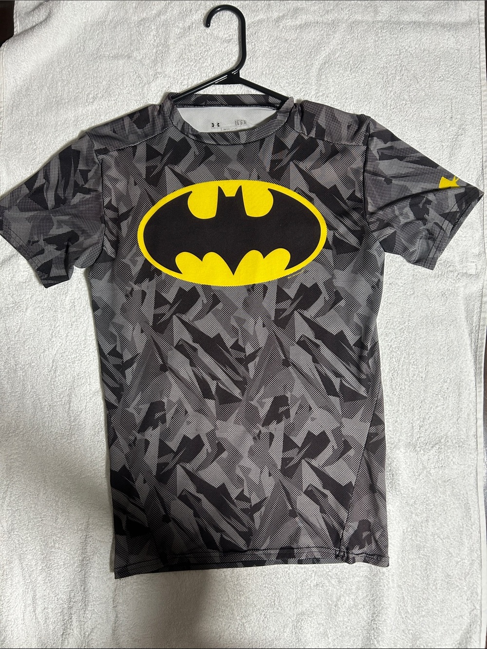 Under Armour Gray & Black Camo Batman Logo Short Sleeve Shirt with Yellow Accent